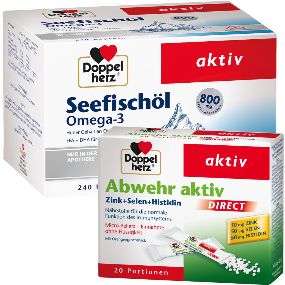 Zwei Produktverpackungen. Oben: Seefischöl Omega-3, 240 Kapseln. Unten: Abwehr Aktiv Direct, 20 Portionen. Beide mit Logo und Schriftzug.
