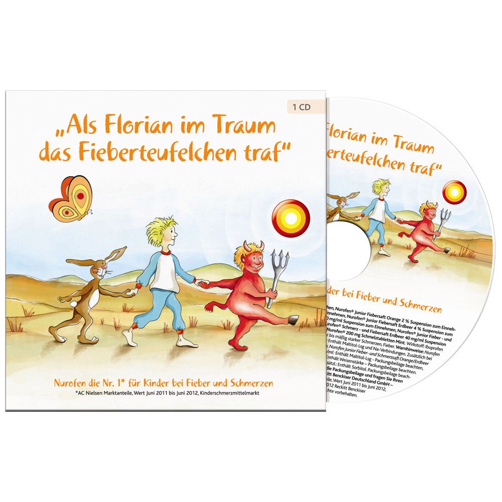 CD-Hülle und CD. Titel: „Als Florian im Traum das Fieberteufelchen traf“. Illustration mit Figuren und Text.