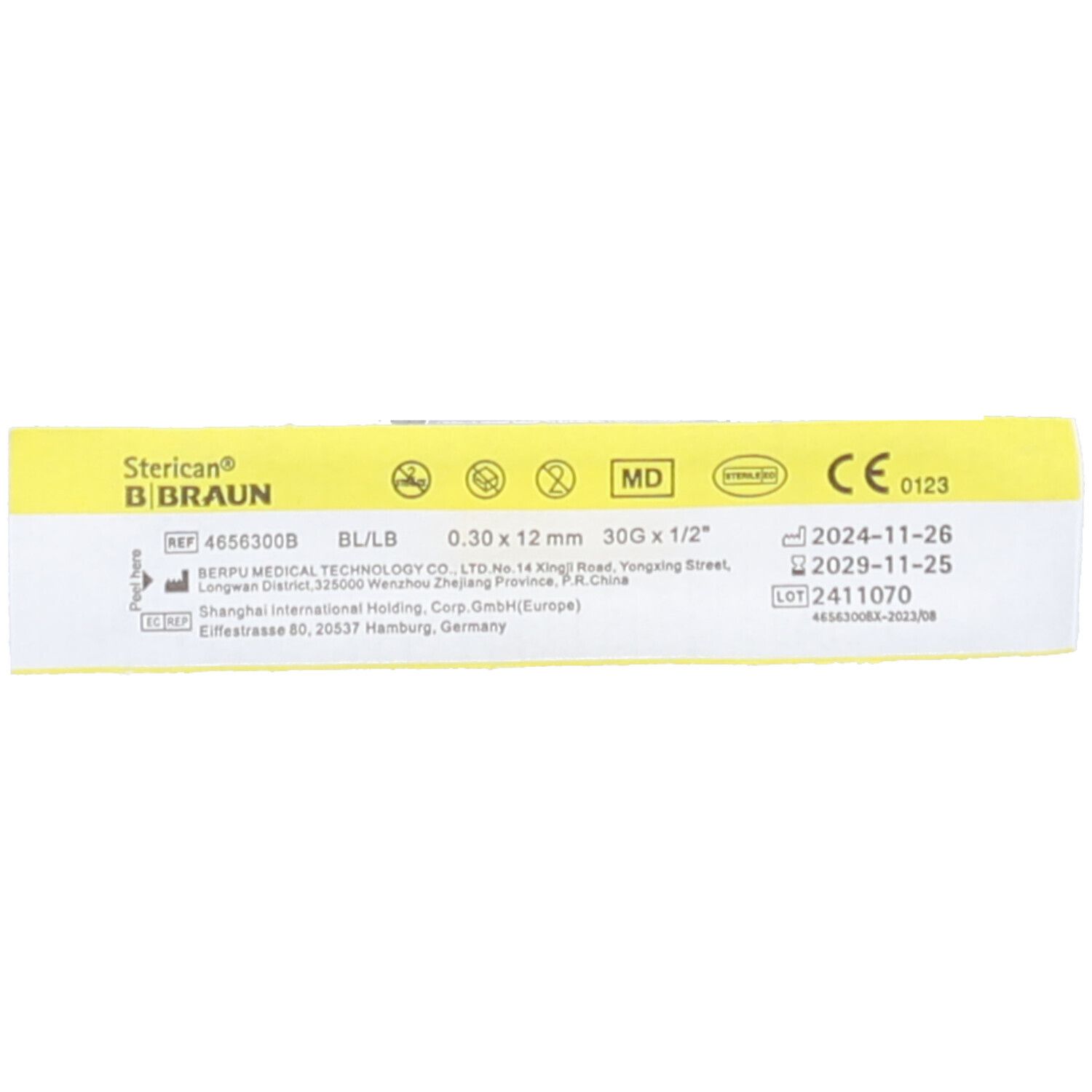 Verpackung mit gelbem Streifen. Aufdrucke: Sterican®, 0,30 x 12 mm, CE-Kennzeichnung, Verfallsdatum. B. Braun.