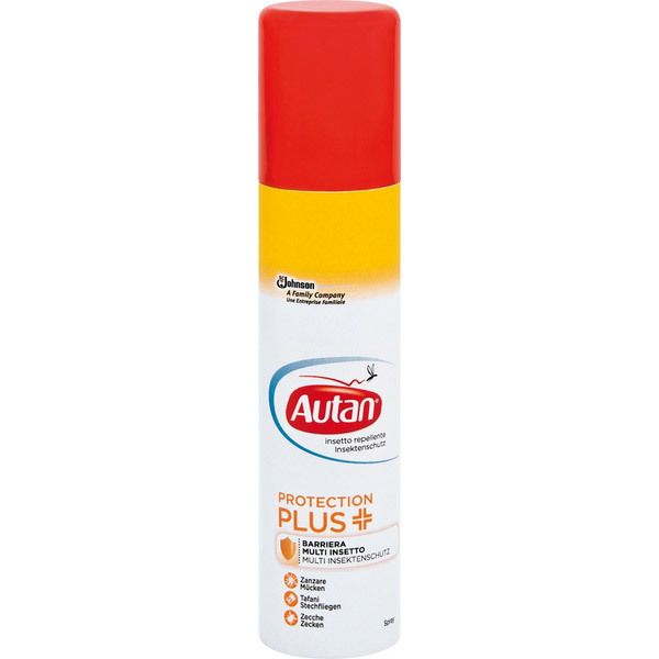 Zylindrische Sprühflasche mit rotem Deckel, gelbem Mittelteil und weißem Boden. Aufschrift "Autan Protection Plus".