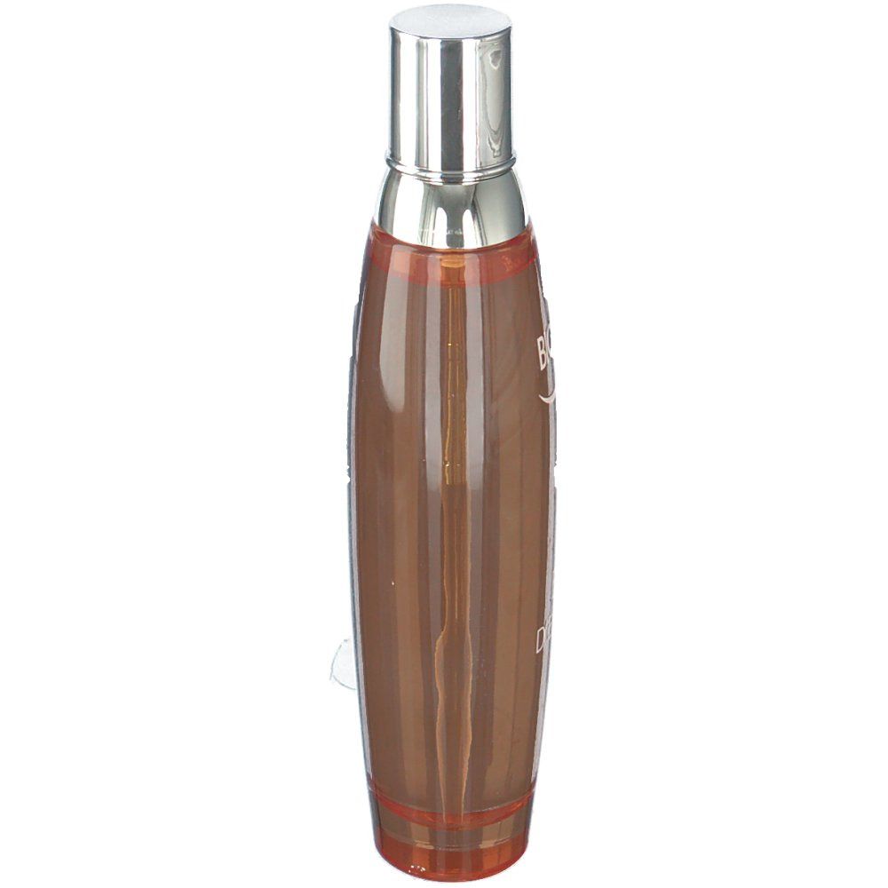 Schmale, längliche Flasche mit silbernem Verschluss. Aufschrift: BIOTHERM, EAU D'ENERGIE.