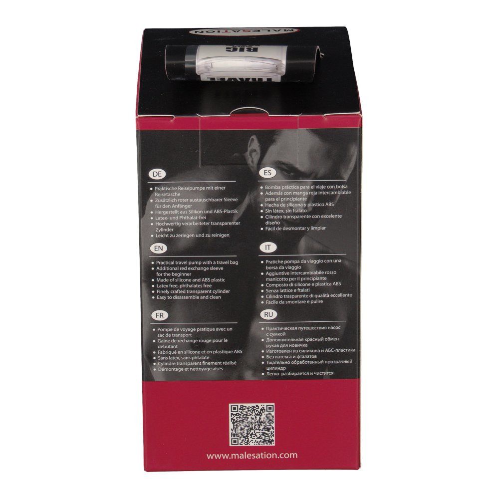 Rückseite der Verpackung. Text in mehreren Sprachen. Produktbeschreibung und QR-Code. Markenlogo und Website-Adresse.