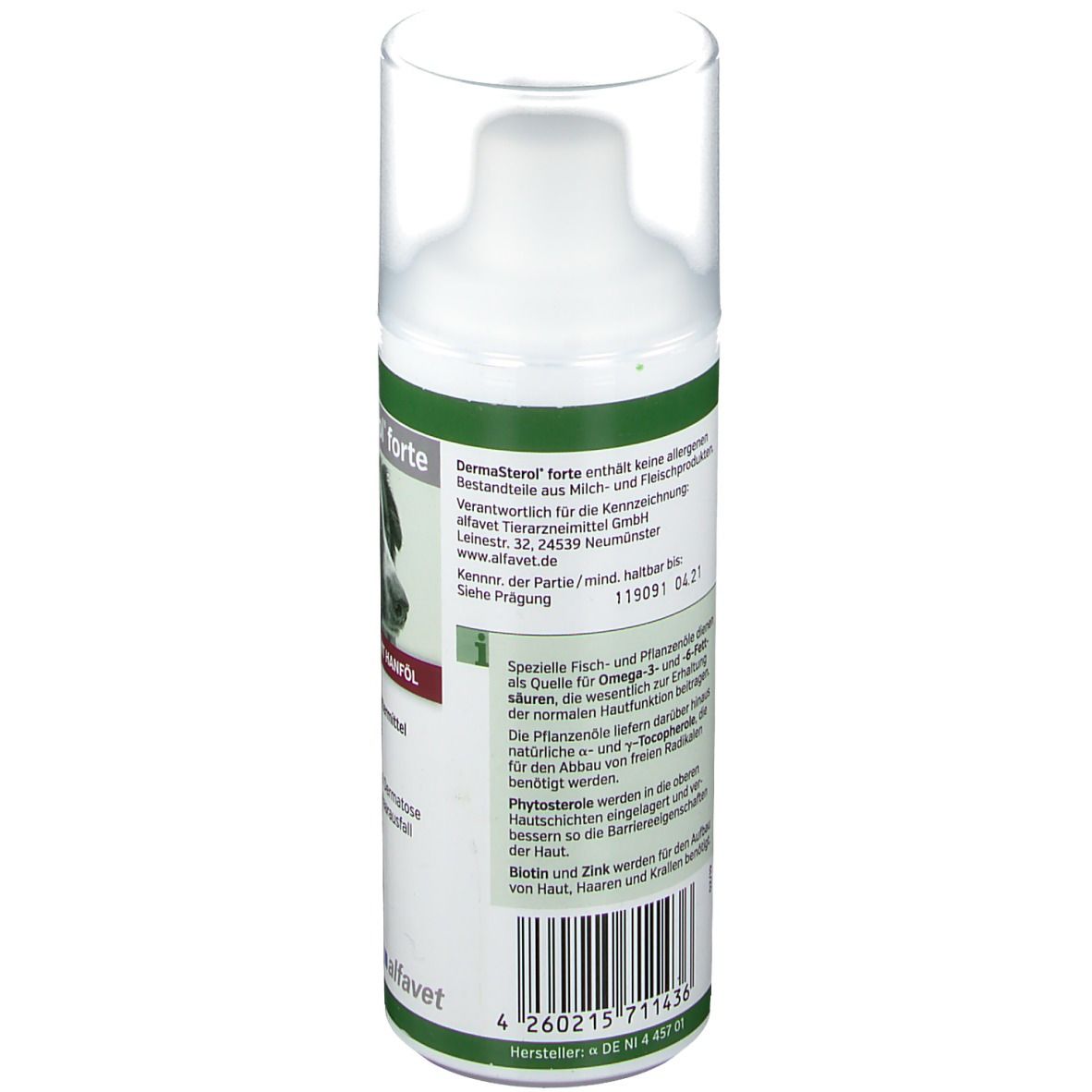 Rückseite der weißen Flasche. Text: DermaSterol forte, Informationen zu Inhaltsstoffen und Hersteller. Barcode und Chargennummer.