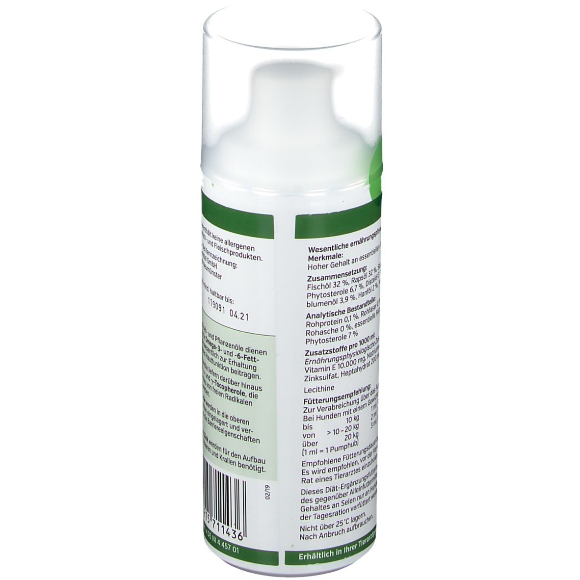Rückseite der weißen Flasche. Text: Nährwertangaben, Zusatzstoffe, Fütterungsempfehlung. Herstellerinformationen.