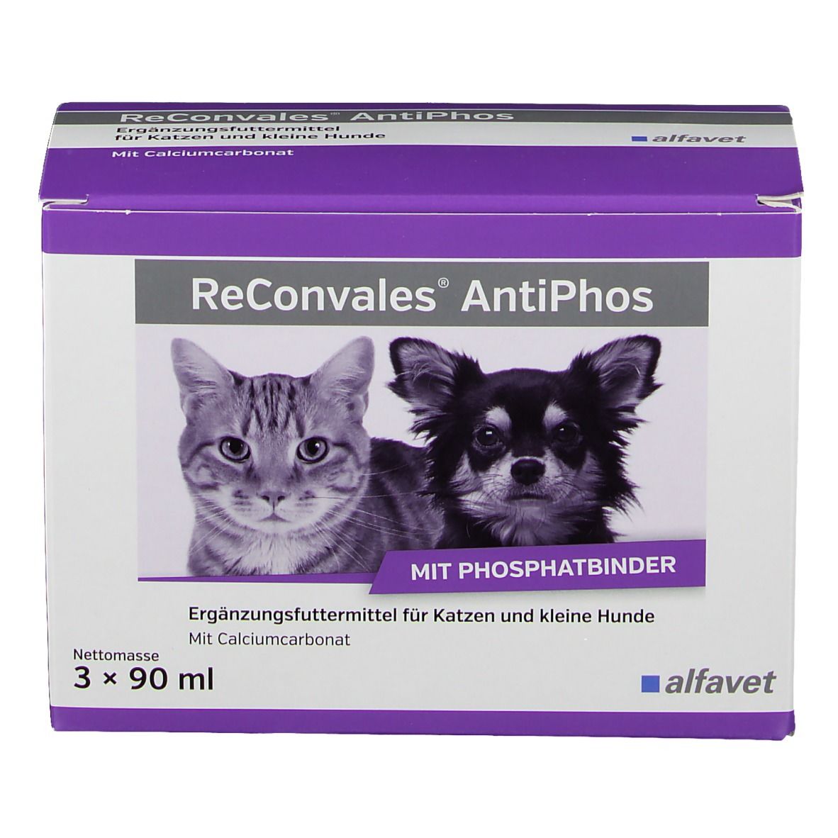 Karton ReConvales® AntiPhos mit Katze und Hund. Ergänzungsfuttermittel für Katzen und kleine Hunde. Mit Calciumcarbonat.