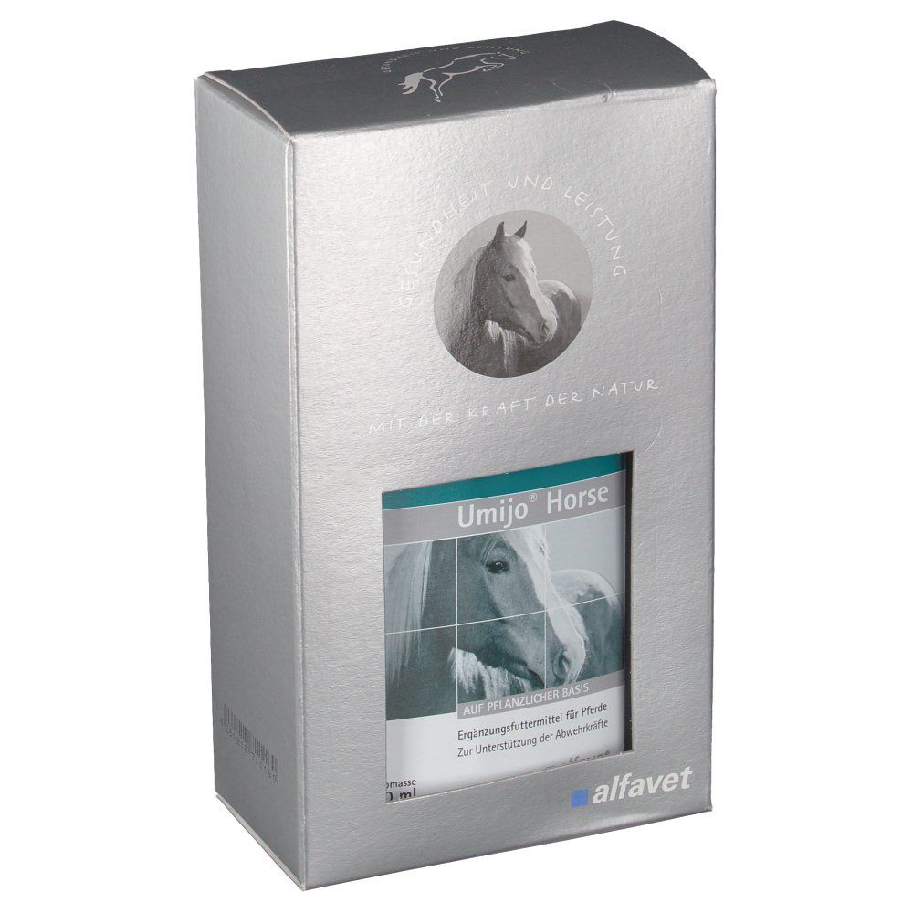 Silberne Verpackung mit Produktnamen Umijo Horse und Logo. Sichtfenster zeigt Produktflasche. Marke alfafet.