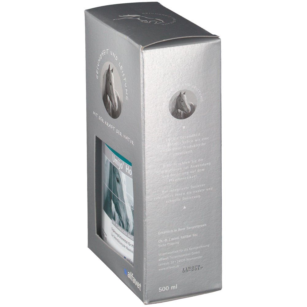 Silberne Verpackung mit Produktnamen Umijo Horse und Logo. Seitenansicht mit Text und Marke alfafet. Volumen 500 ml.