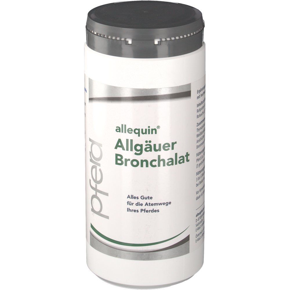 Weißes zylindrisches Behältnis mit grauem Deckel. Aufschrift: allequin® Allgäuer Bronchalat. Logo: Pferd.