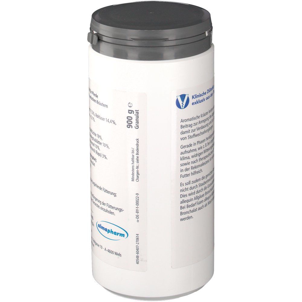 Rückseite des weißen zylindrischen Behälters. Text: 900 g Granulat. Logo: Klinische Diätetik. Text: Aromatische Kräuter.