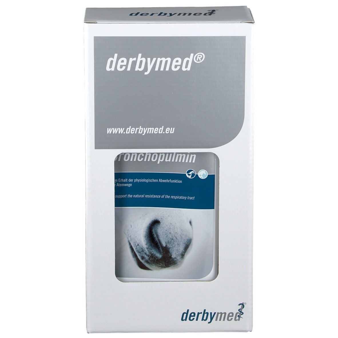 Weißer Karton mit derbymed® und Bronchopulmin. Produktabbildung und Text.