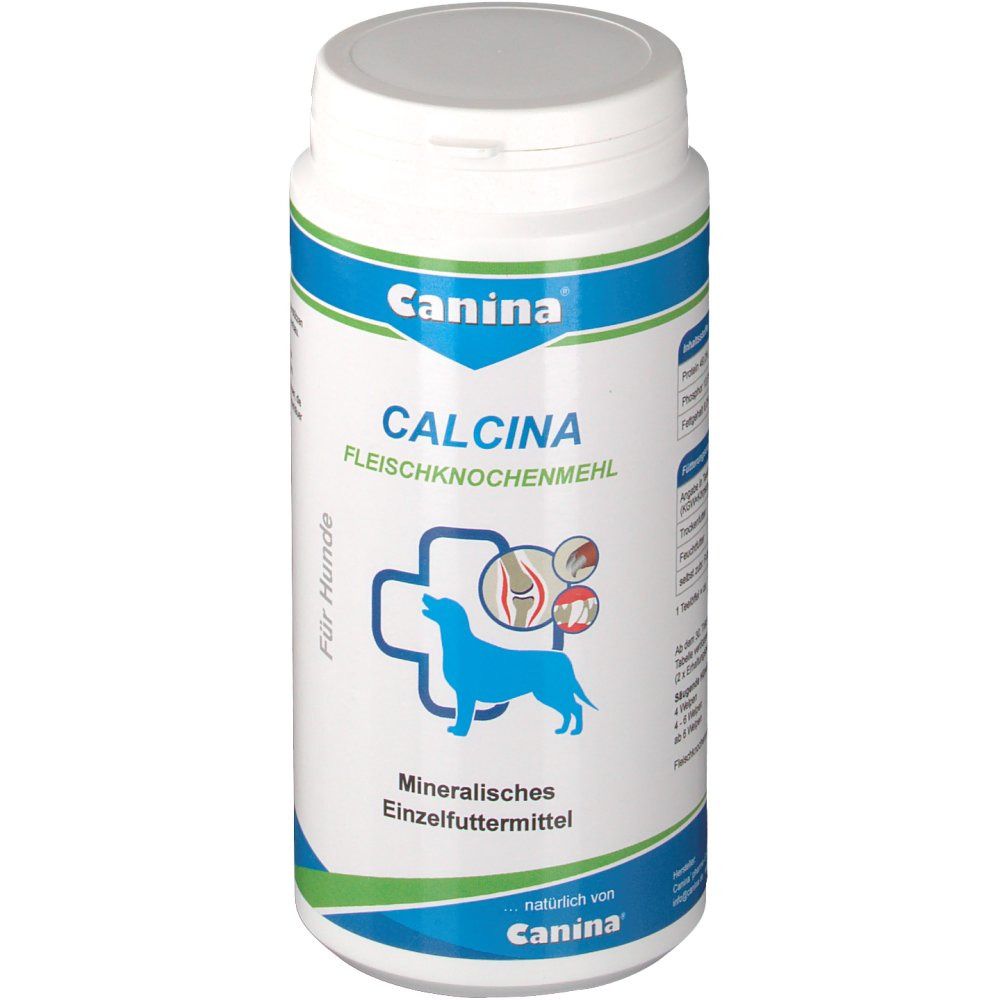 Weiße Dose mit blau-grüner Banderole. Aufschrift: Canina Calcina Fleischknochenmehl. Logo: Hund und Knochen. Mineralisches Einzelfuttermittel.