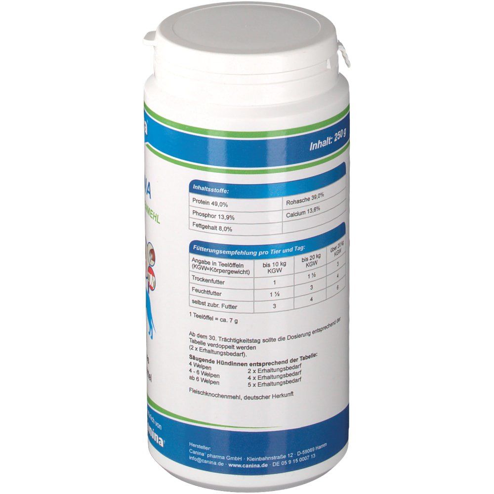 Rückseite der weißen Dose. Angaben zu Inhaltsstoffen und Fütterungsempfehlung. Text in deutscher Sprache. Enthält 250g.