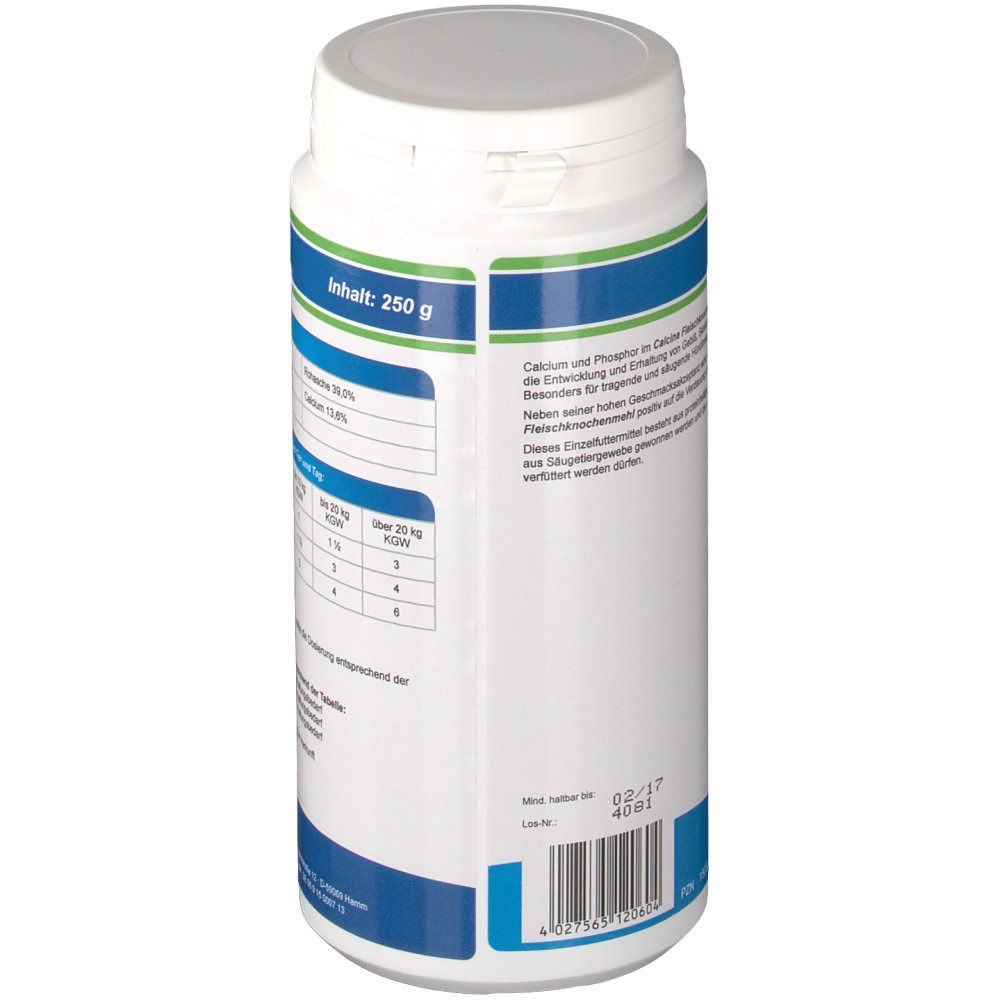 Rückseite der weißen Dose. Angaben zu Inhaltsstoffen und Fütterungsempfehlung. Text in deutscher Sprache. Enthält 250g.