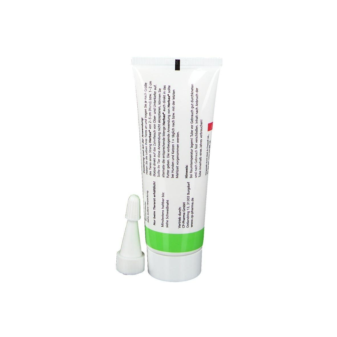 Rückseite der Zahncreme-Tube. Text in deutscher Sprache. Aufschrift: Herbax. Grün-weiße Verpackung.