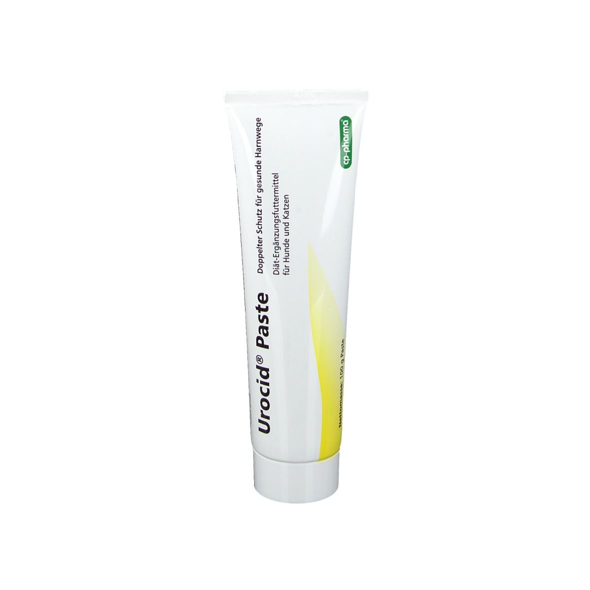 Urocid® Paste Tube. Weißes Tube mit grünen und gelben Akzenten. Text: Doppelter Schutz für gesunde Harnwege.