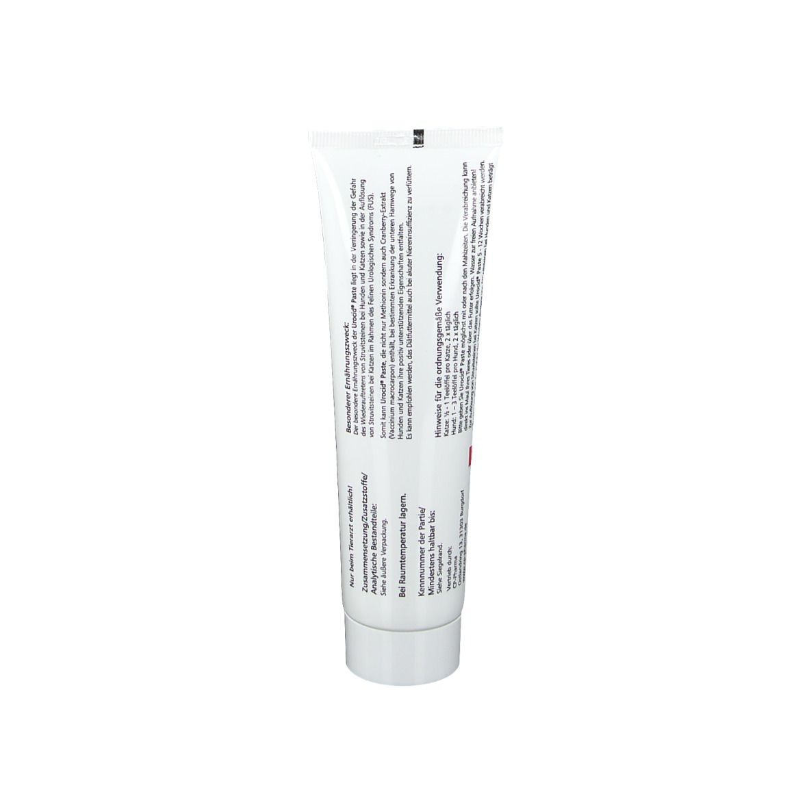 Rückseite der Urocid® Paste Tube. Weißer Hintergrund mit Text. Informationen zur Anwendung und Inhaltsstoffen.