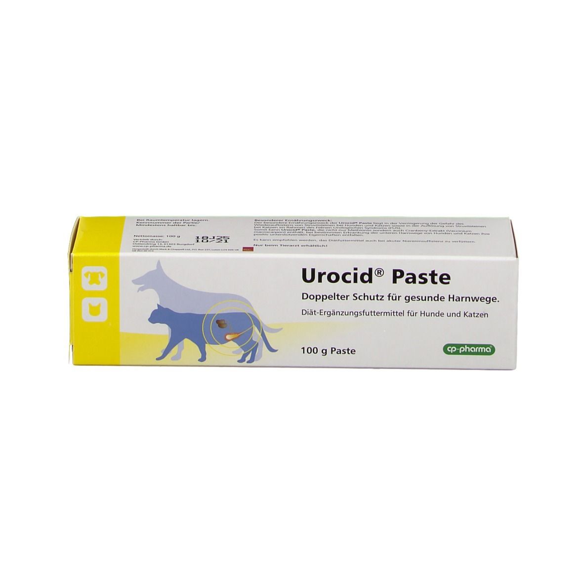 Urocid® Paste Schachtel. Gelbe Schachtel mit Text und Logo. Abbildung von Hund und Katze. Text: 100 g Paste.