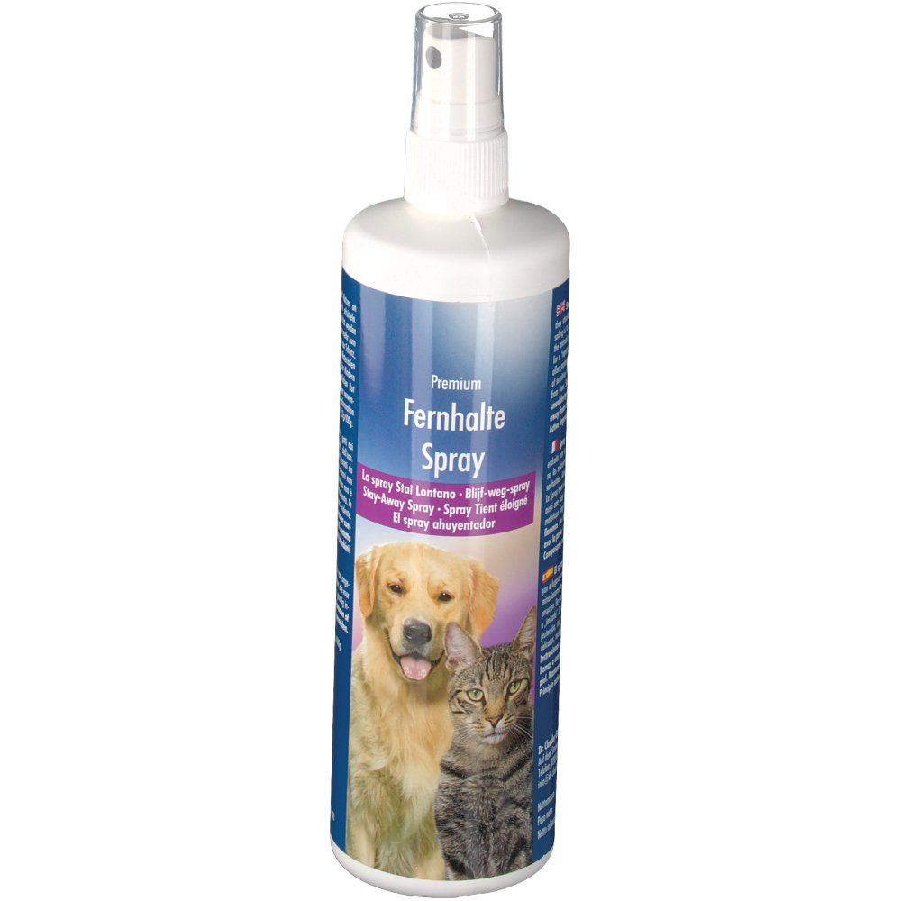 Flasche mit Sprühkopf. Aufschrift 'Fernhalte-Spray'. Hunde- und Katzenabbildung. Blaue und weiße Etikettierung.