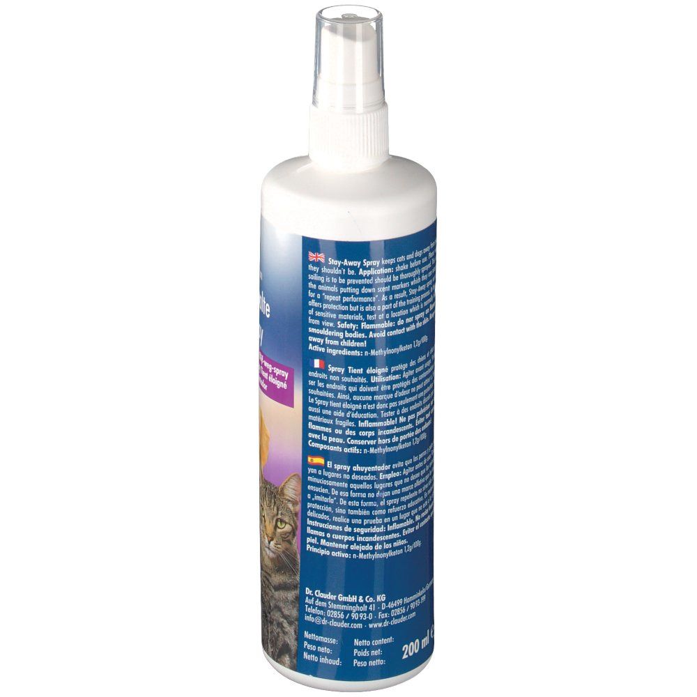 Rückseite der Sprayflasche. Text in mehreren Sprachen. Blaue und weiße Etikettierung. Transparenter Sprühkopf.