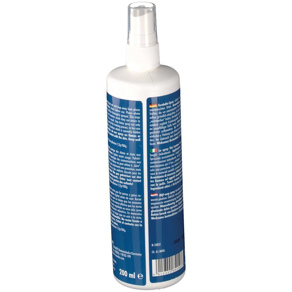 Rückansicht der Sprayflasche. Text in mehreren Sprachen. Blaue und weiße Etikettierung. Transparenter Sprühkopf.