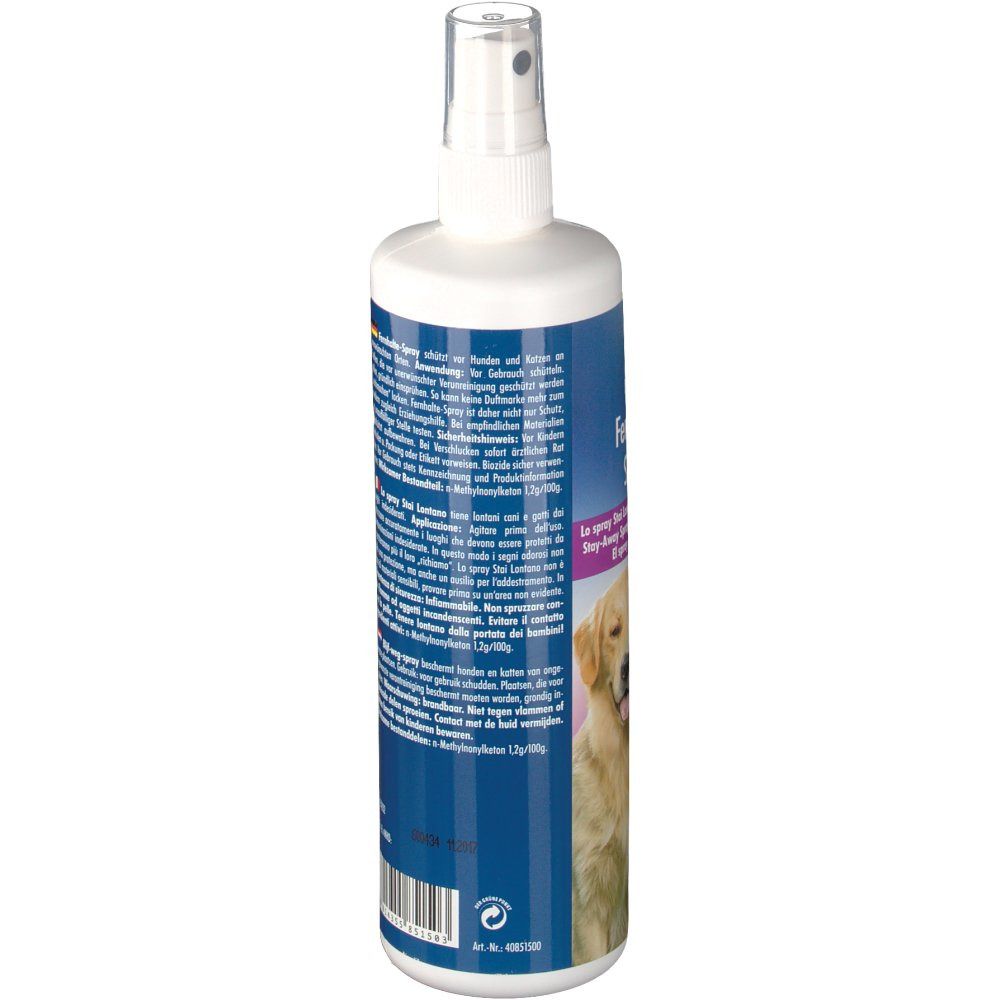 Rückansicht der Sprayflasche. Text in mehreren Sprachen. Blaue und weiße Etikettierung. Transparenter Sprühkopf. Hund.