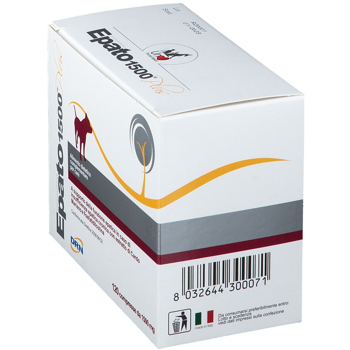 Karton Epato 1500 Plus. Barcode und Informationen zur Entsorgung. Marke DRN.