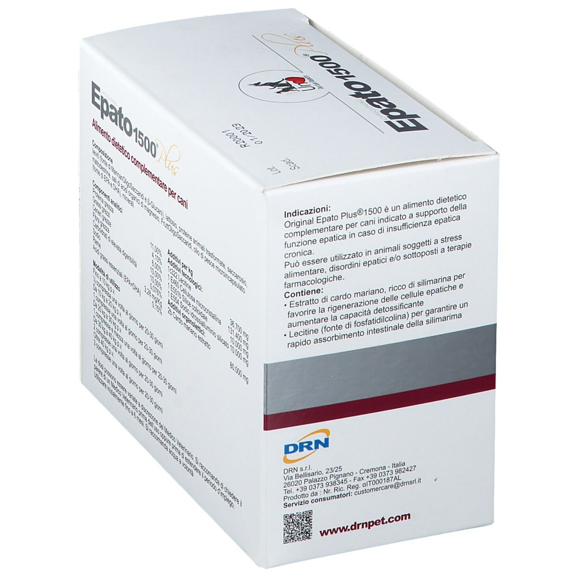 Karton Epato 1500 Plus. Auflistung der Indikationen und Inhaltsstoffe. Marke DRN.
