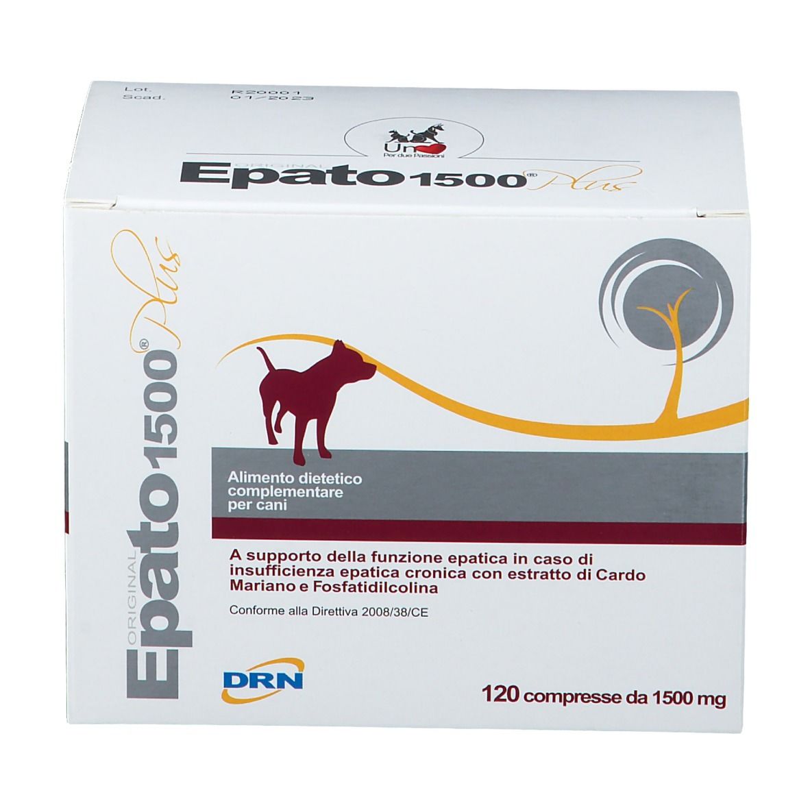 Karton Epato 1500 Plus. Abbildung eines Hundes. Aufdruck: 120 Tabletten, 1500 mg. Marke DRN.