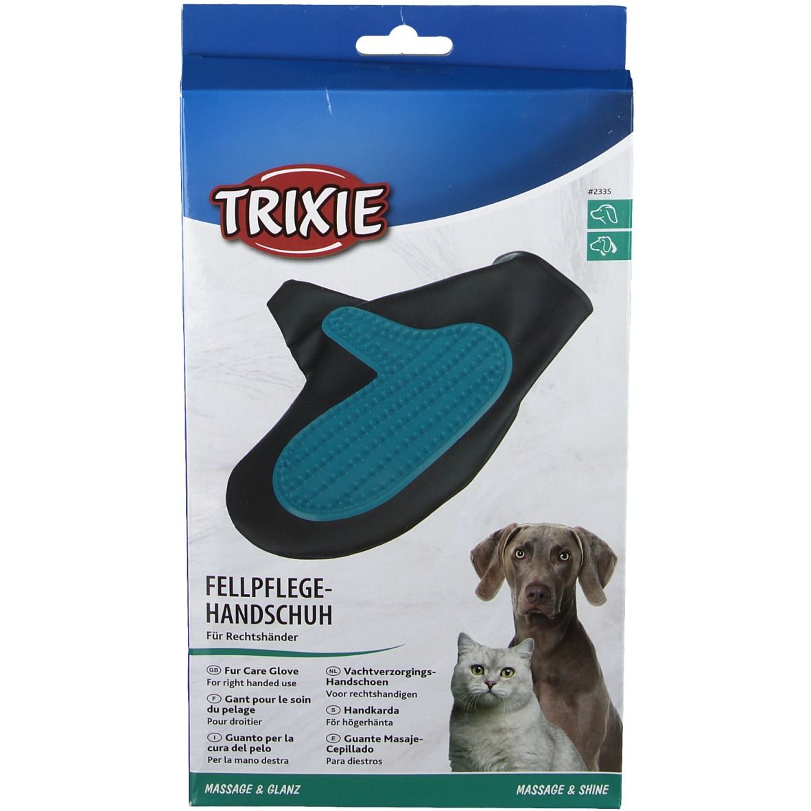 Trixie Fellpflege-Handschuh. Schwarzer Handschuh mit blauem Massagebereich. Verpackung mit Logo, Produktname und Tierabbildung.