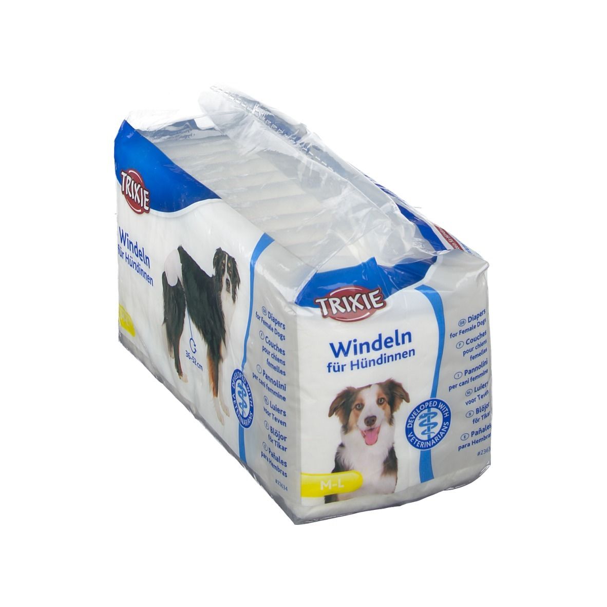 Verpackung Windeln für Hündinnen. Marke Trixie. Abbildung eines Hundes. Größe L. 12 Stück.