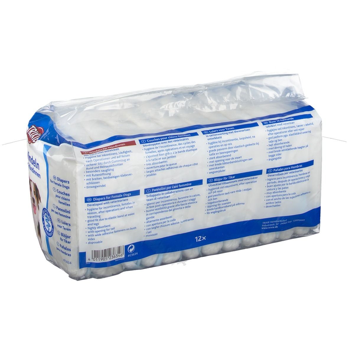 Rückseite der Verpackung Windeln für Hündinnen. Text in mehreren Sprachen. 12 Stück.