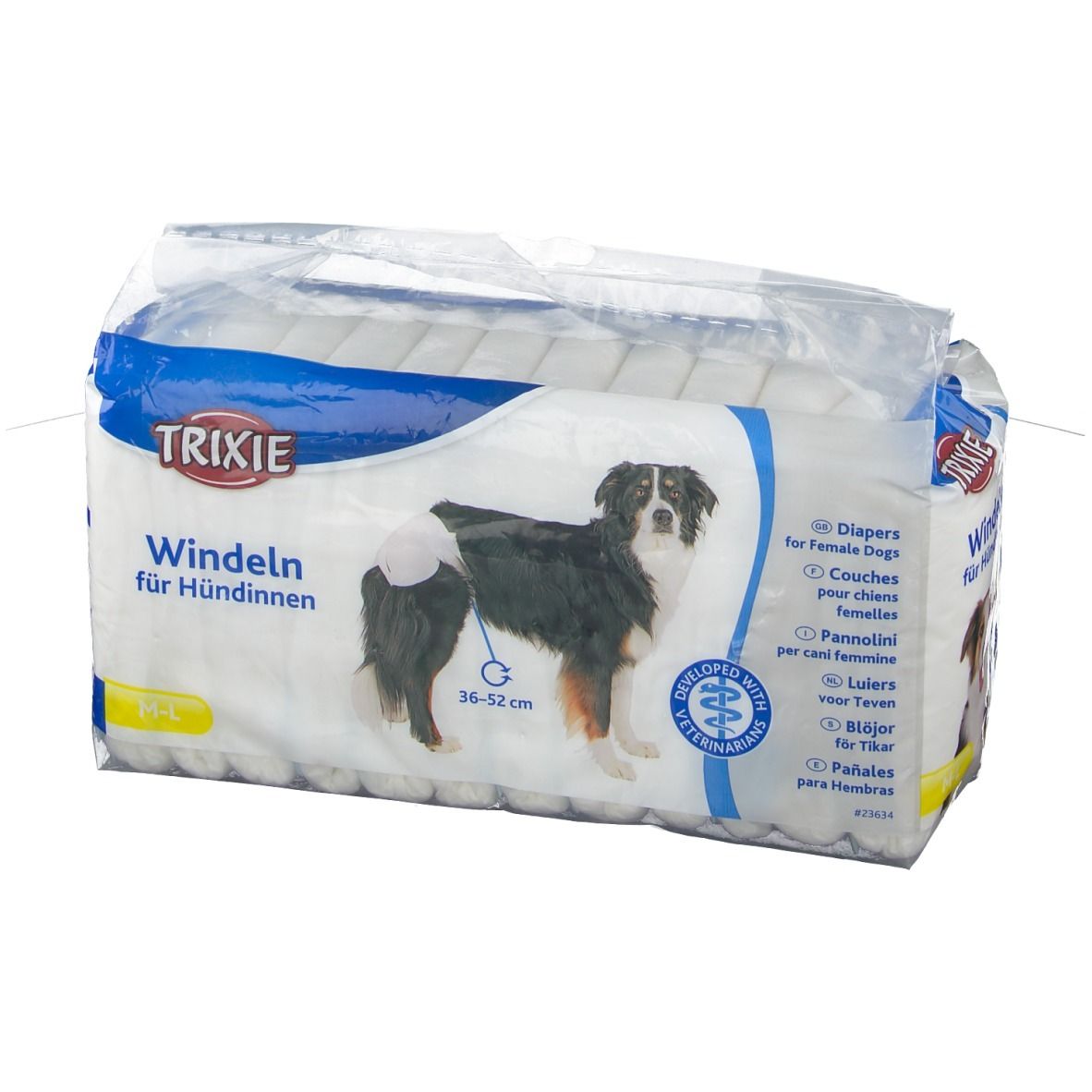 Verpackung Windeln für Hündinnen. Marke Trixie. Abbildung eines Hundes mit Windel. Bauchweite 36-52 cm. 12 Stück.
