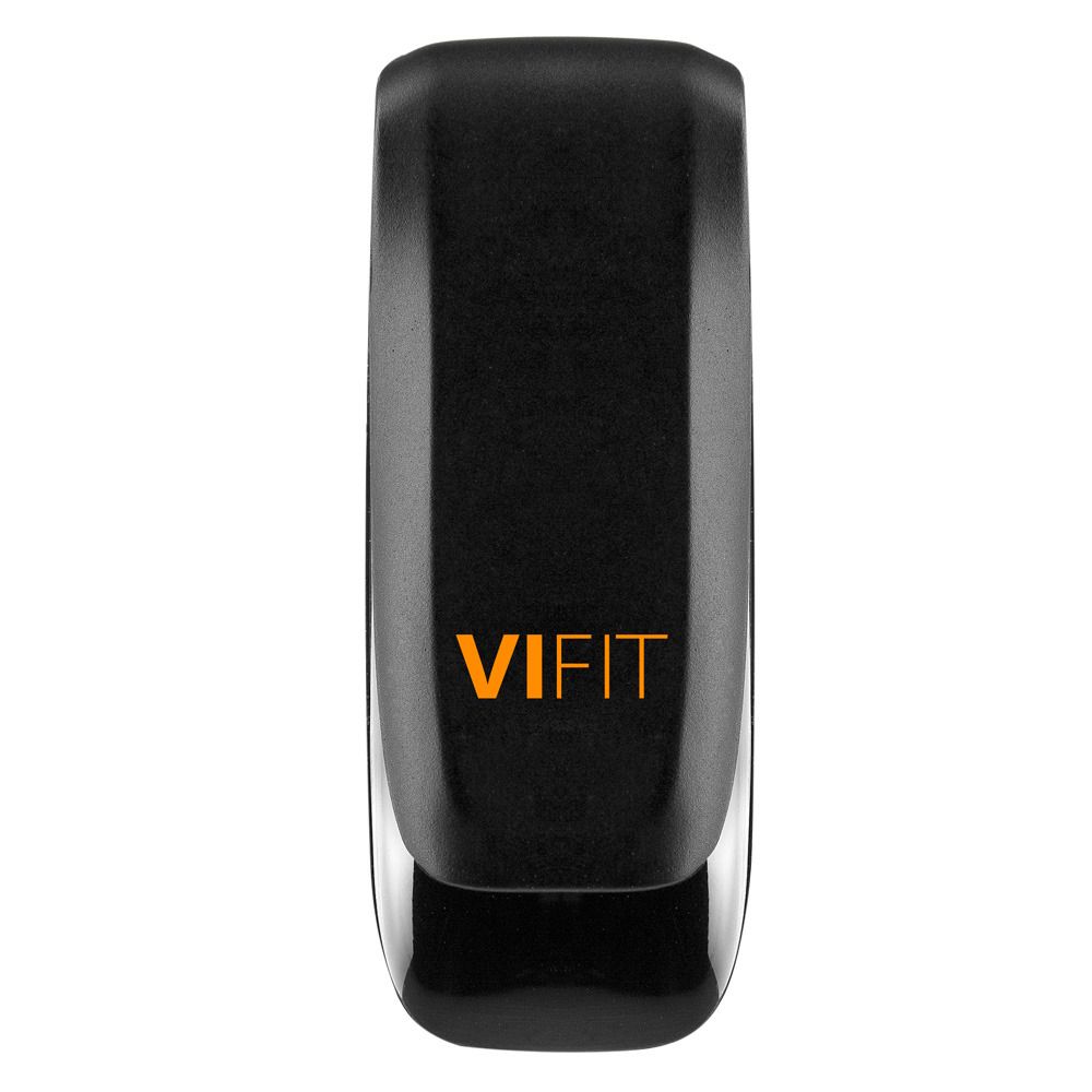 Schwarzer Activity Tracker mit orangefarbenem "ViFit"-Schriftzug. Rechteckige Form mit abgerundeten Kanten.