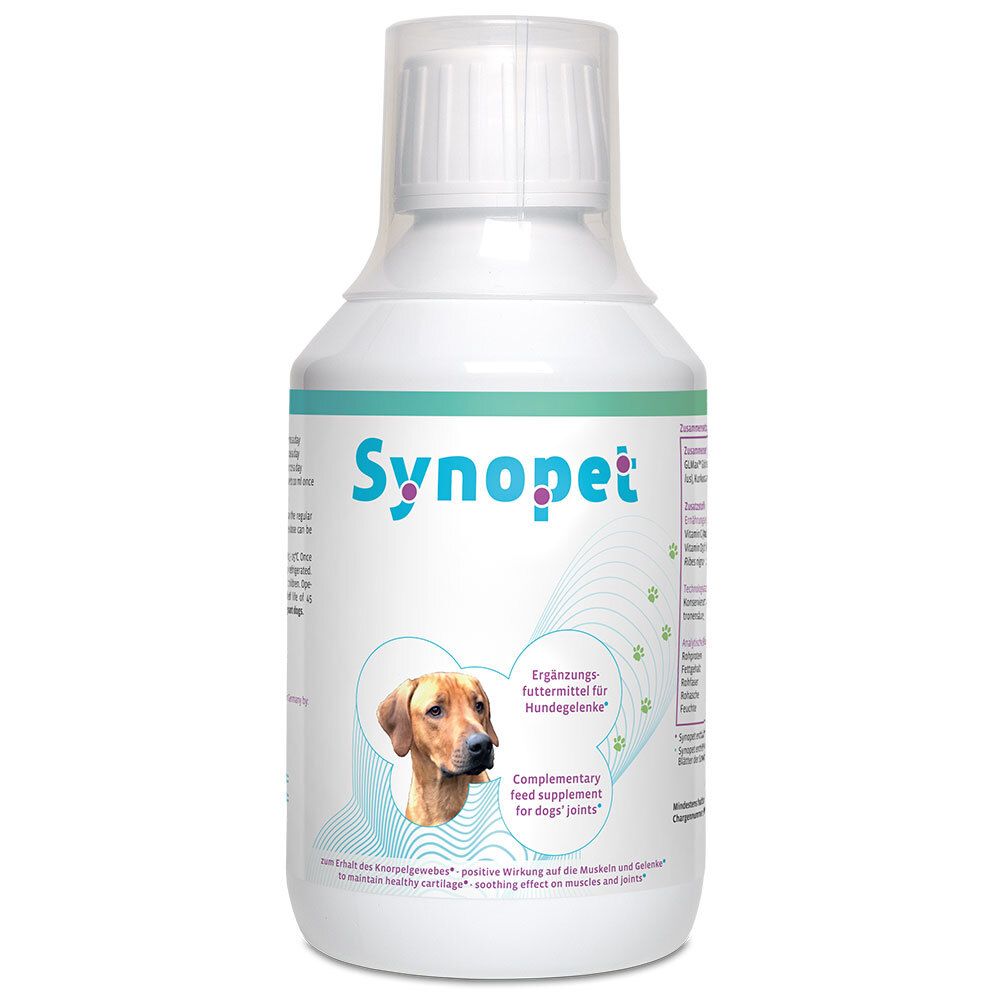 Weiße Flasche mit blau-grüner Beschriftung. Aufschrift "Synopet" und Hund. Ergänzungsfuttermittel für Hunde.