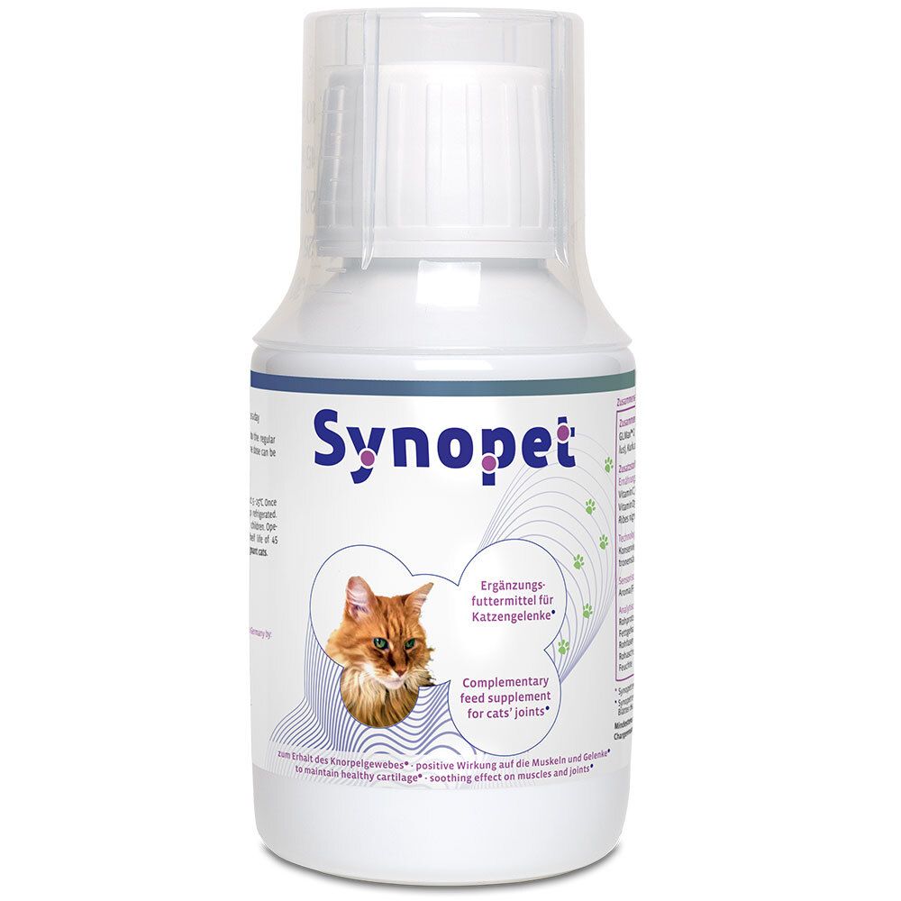 Weiße Flasche mit blauem Etikett. Aufschrift Synopet, Katze-Illustration. Ergänzungsfuttermittel für Katzengelenke.