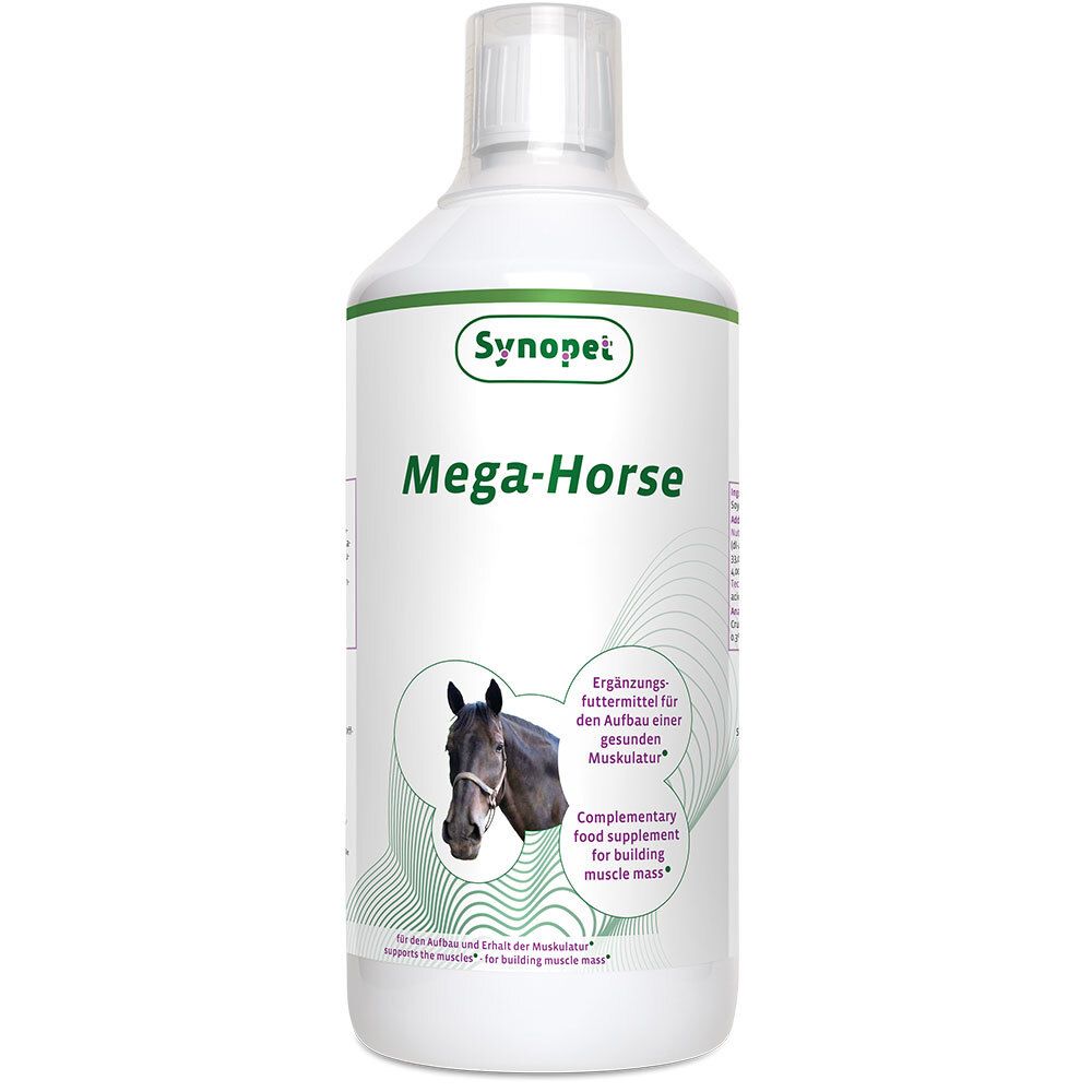 Weiße Flasche mit grünem Etikett. Aufschrift: Synopet Mega-Horse. Abbildung eines Pferdekopfes. Ergänzungsfuttermittel für Muskelaufbau.