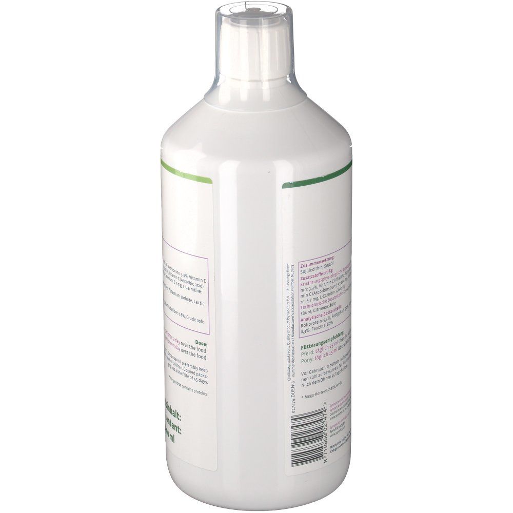 Weiße Flasche, Rückseite mit Etikett. Etikett mit Inhaltsstoffen und Nährwertangaben. Barcode unten. Aufschrift: Nettoinhalt 1000 ml.