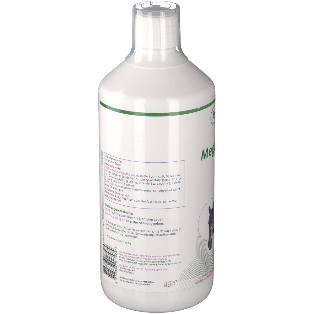 Weiße Flasche, teilweise Etikett sichtbar. Etikett mit Inhaltsstoffen und Nährwertangaben. Abbildung eines Pferdekopfes. Barcode.
