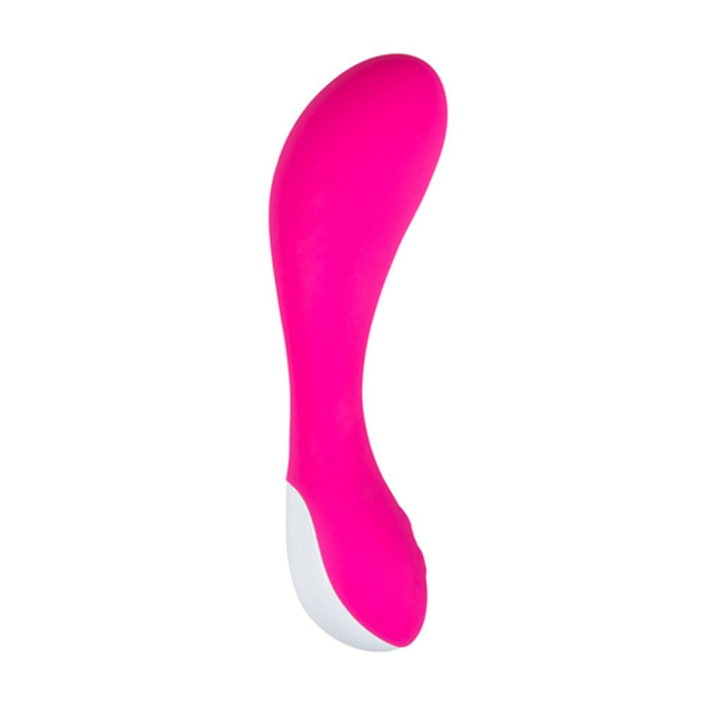 Pinkfarbener Vibrator mit geschwungener Form und weißem Ende. Auf weißem Hintergrund.