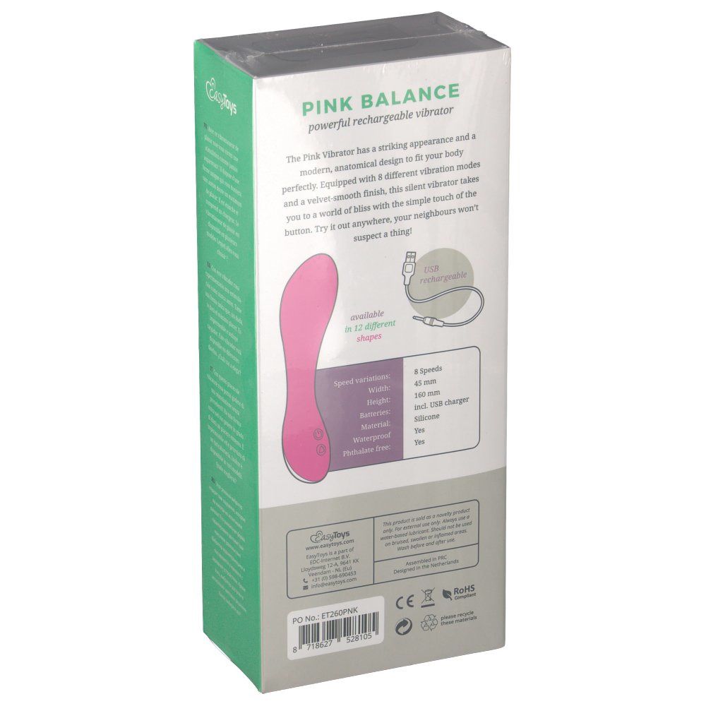 Rückseite der Verpackung des Pink Balance Vibrators. Produktabbildung, technische Daten und Text.