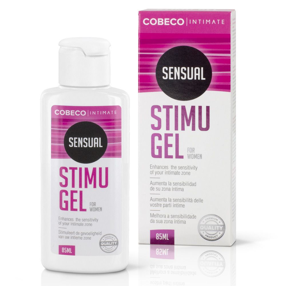 Weißes Gel in einer Flasche und Verpackung. Aufschrift: COBECO INTIMATE, SENSUAL STIMU GEL FOR WOMEN. 85ml. Qualitätszeichen.