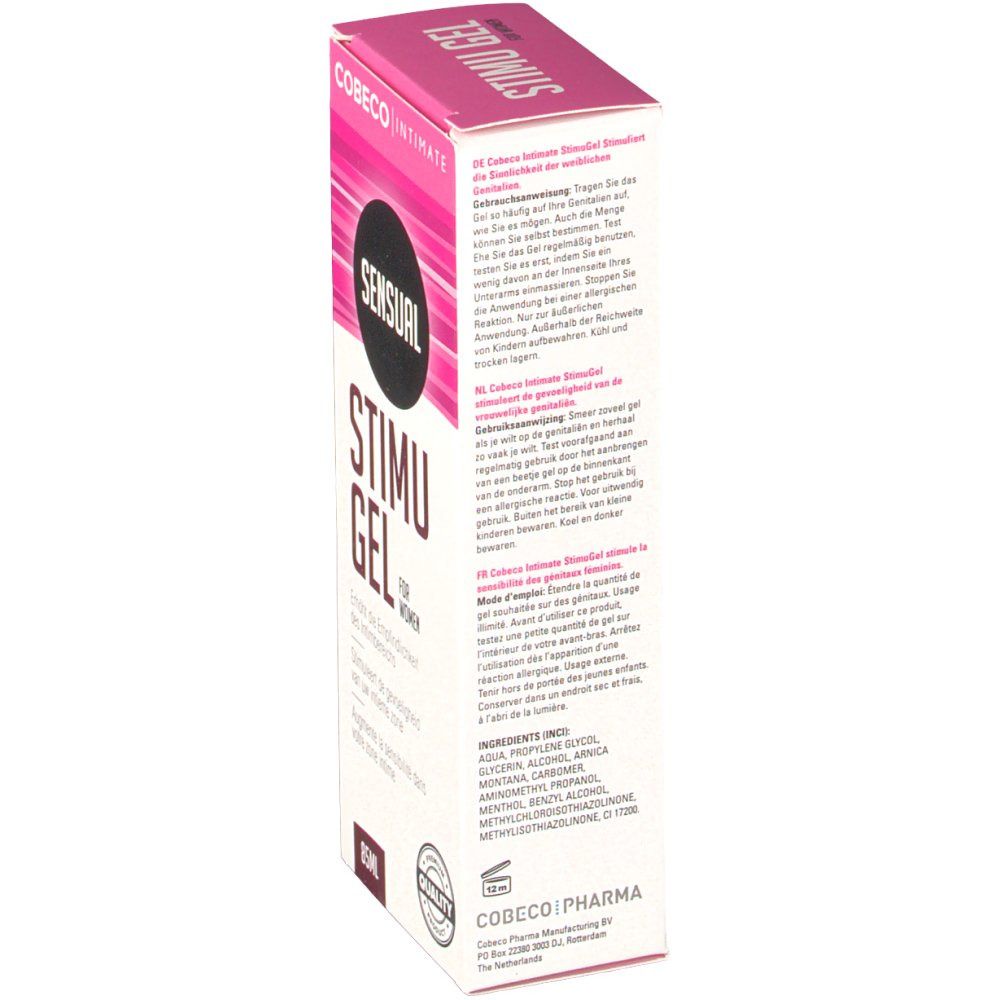 Verpackung mit Text. Aufschrift: COBECO INTIMATE, SENSUAL STIMU GEL FOR WOMEN. Text in Deutsch, Englisch, Französisch, Italienisch, Portugiesisch. 85ml.