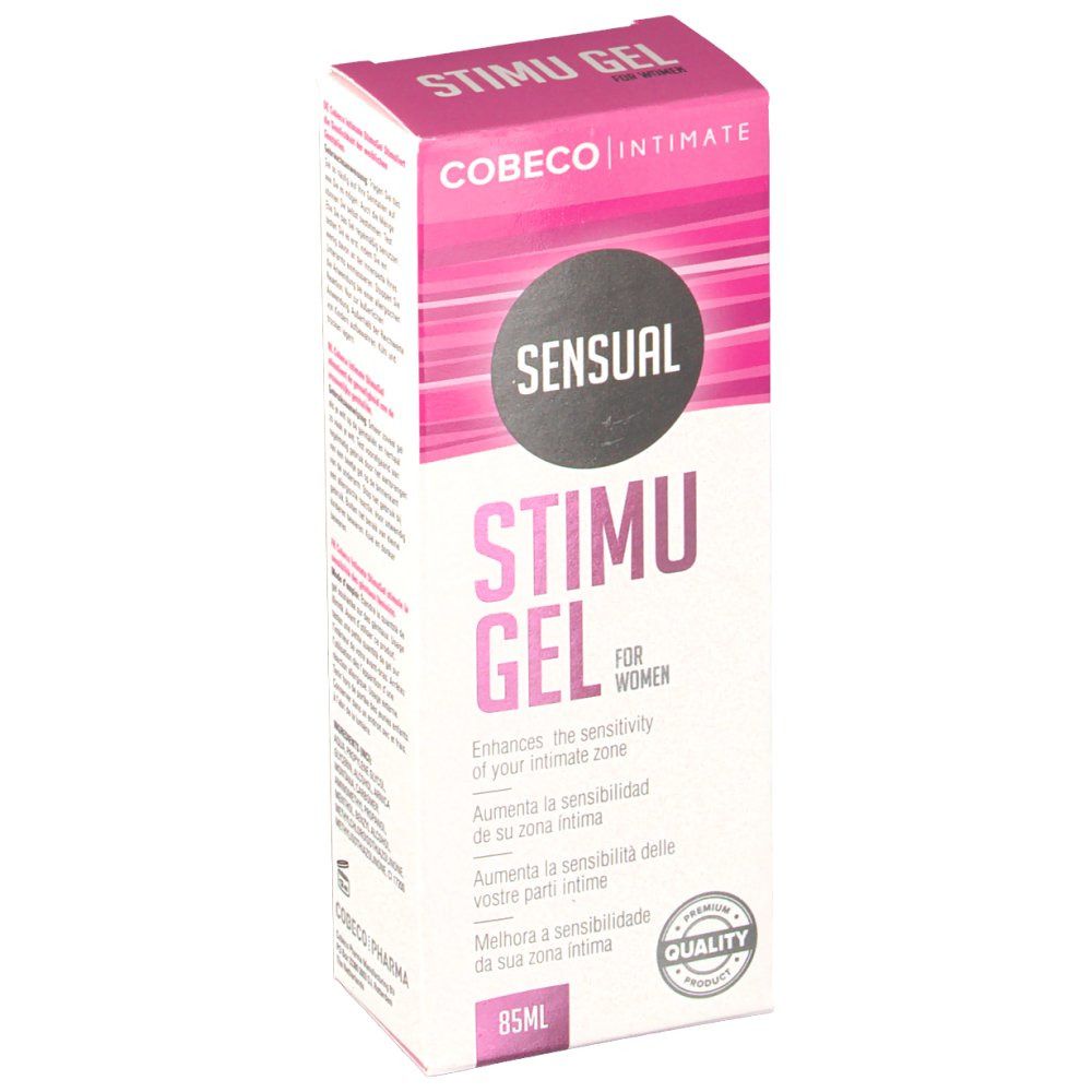 Verpackung mit Text. Aufschrift: COBECO INTIMATE, SENSUAL STIMU GEL FOR WOMEN. 85ml. Qualitätszeichen.