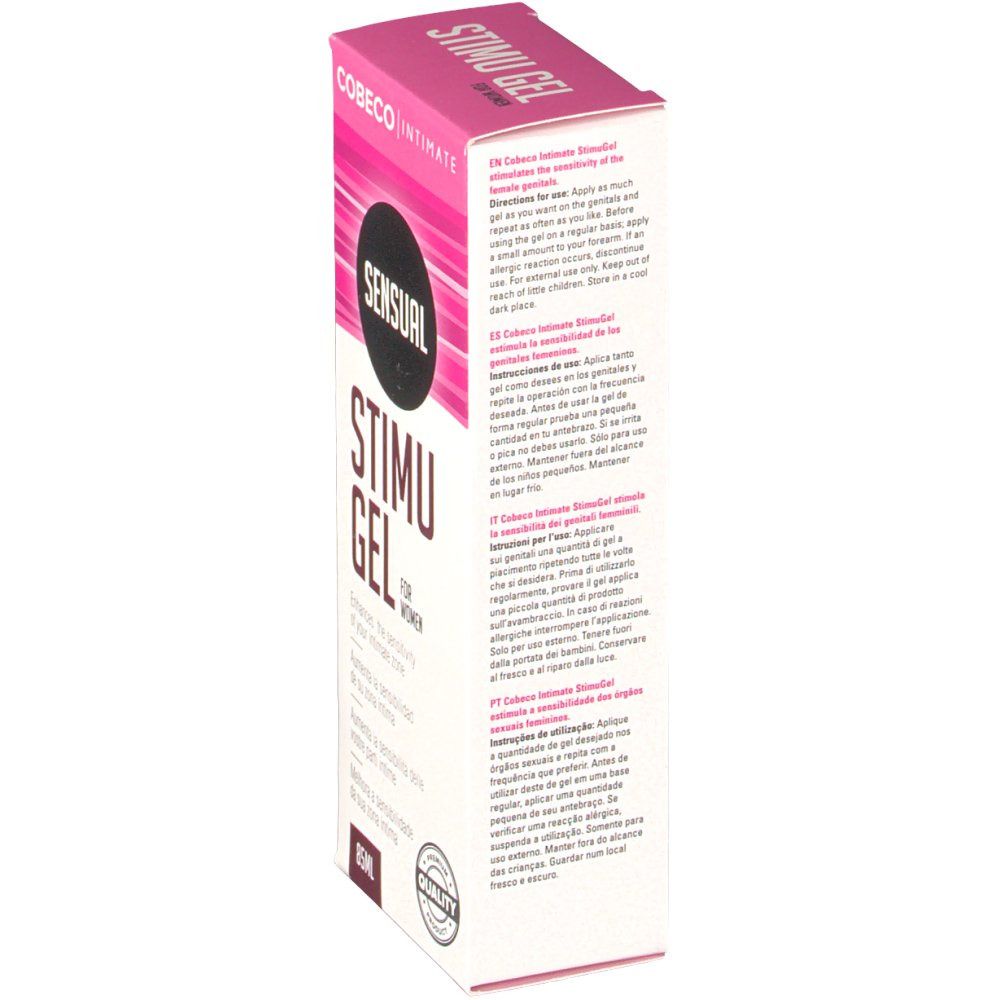 Verpackung mit Text. Aufschrift: COBECO INTIMATE, SENSUAL STIMU GEL FOR WOMEN. Text in Englisch, Französisch, Italienisch, Portugiesisch. 85ml.