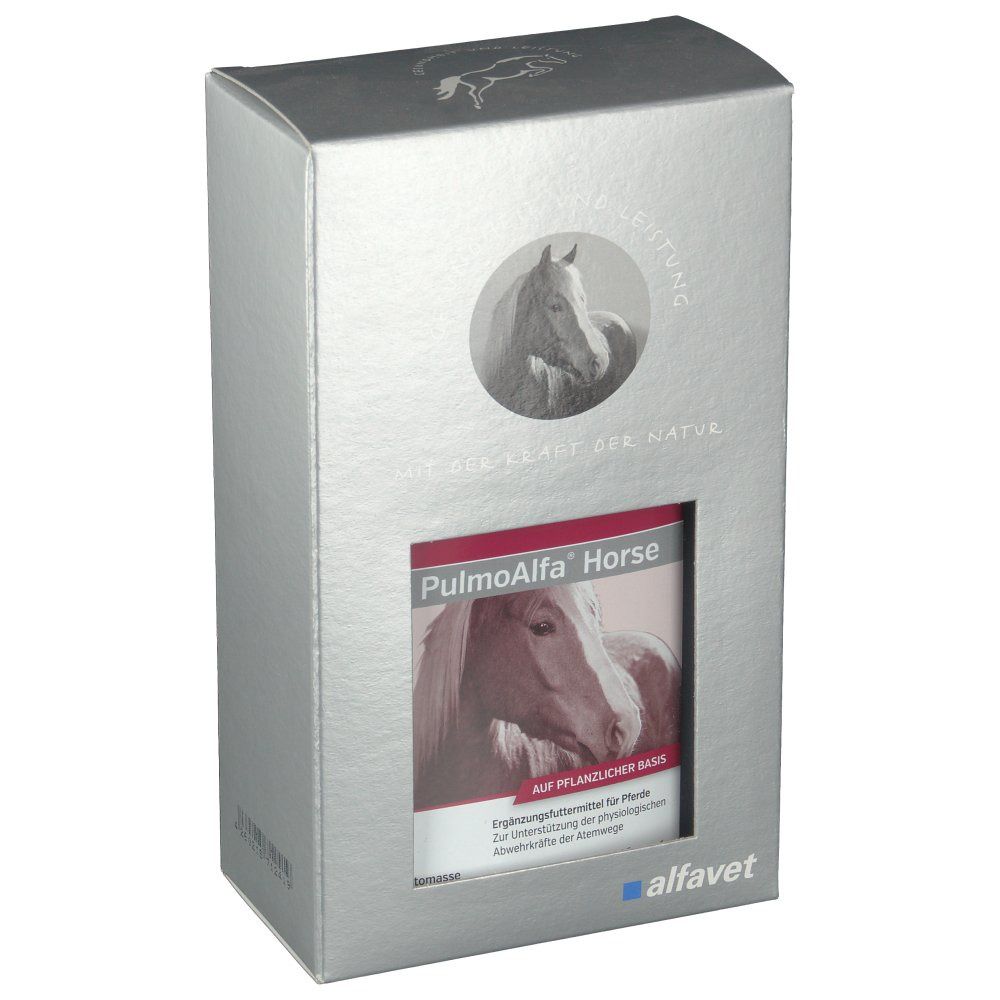Silberne Verpackung mit Produktetikett. Etikett zeigt "PulmoAlfa Horse" und ein Pferdebild. "alfavet" Logo unten.