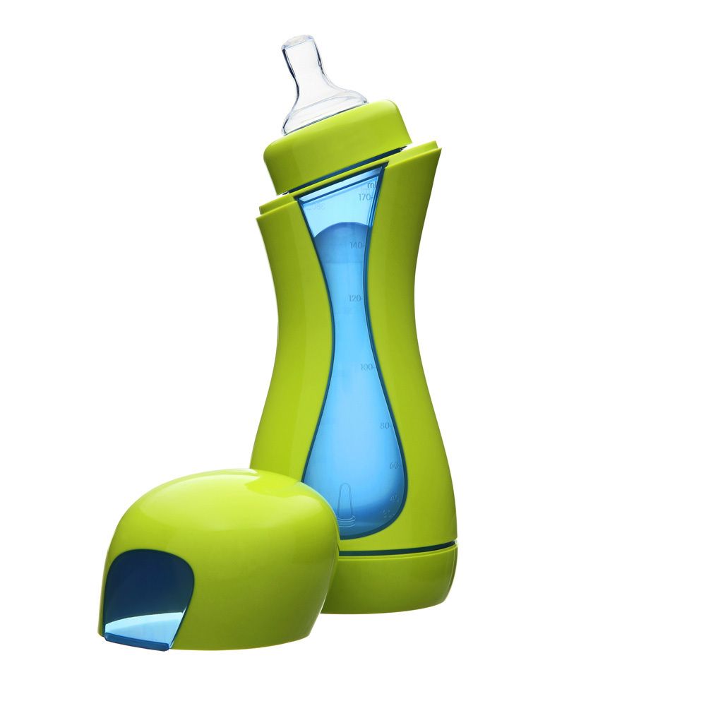 Grün-blaue Babyflasche mit Silikonsauger. Flasche geöffnet, Deckel daneben. Sauger oben, Flasche sanduhrförmig. Blaues Innenfach sichtbar.
