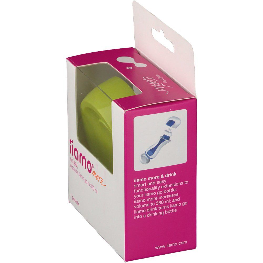 Verpackung mit grünem Flaschenboden. Sichtfenster. Text: iiamo more.