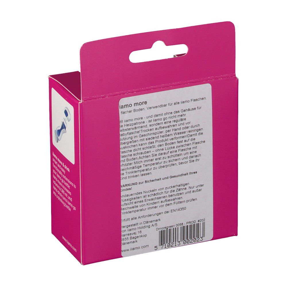 Rosa Verpackung. Text: iiamo more. Text in Deutsch.