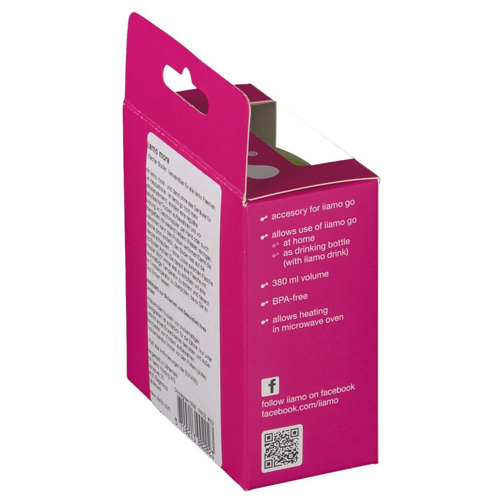 Rosa Verpackung. Text: iiamo more. Text in Englisch.