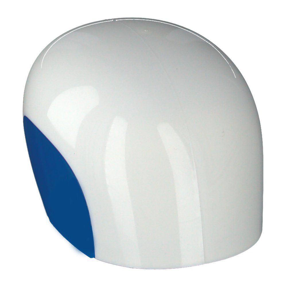 Couvercle blanc et bleu. Forme ovale avec surface brillante. Côté bleu arrondi.